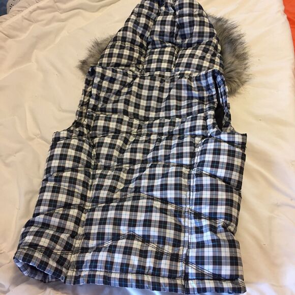 Aeropostale Plaid Down Vest Jacket Faux Fur Trim Hood Size Small Petit 2009 - Picture 5 of 5